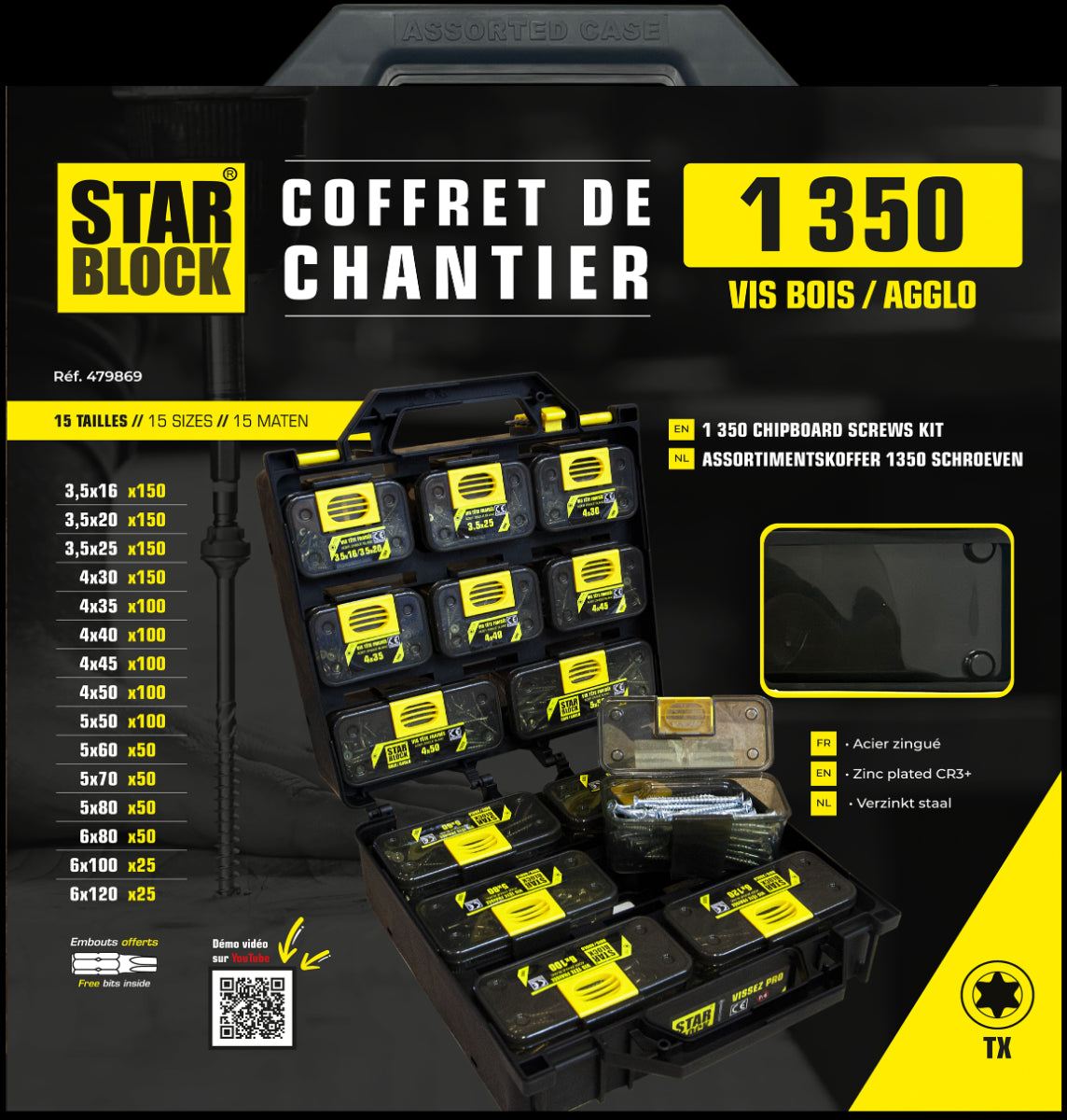 Assortimentskoffer Spaanplaatschroef platkop verzinkt Torx 1350 stuks